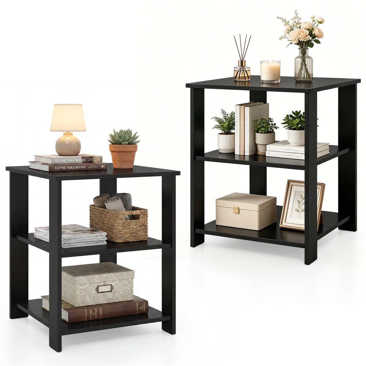 3-Tier Square Side Table with Open Storage Shelves Set of 2 DirectDeals