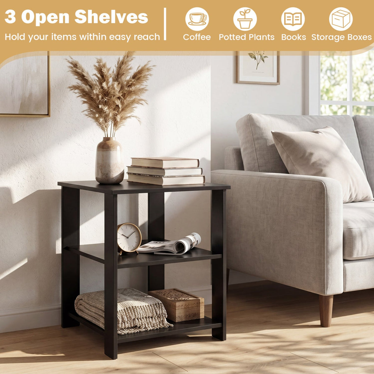 3-Tier Square Side Table with Open Storage Shelves Set of 2 DirectDeals