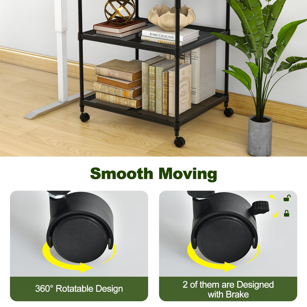 3 Tier Printer Stand Rolling Fax Cart with Adjustable Shelf and Swivel Wheels
