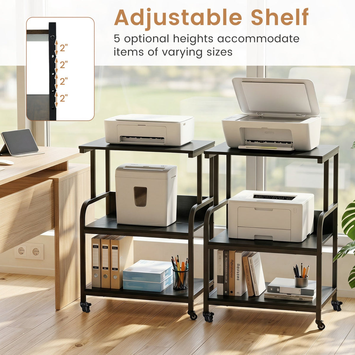 3-Tier Rolling Printer Stand with Adjustable Shelf