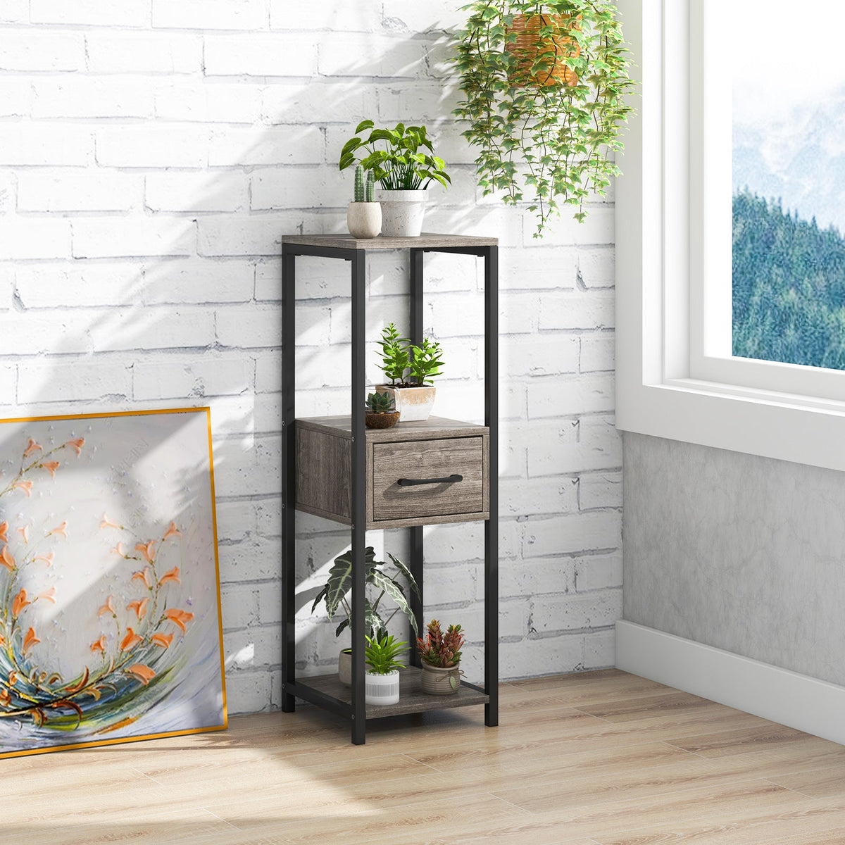 3 Tier Tall Metal Plant Stand with Drawer for Balcony Office-Gray DirectDeals