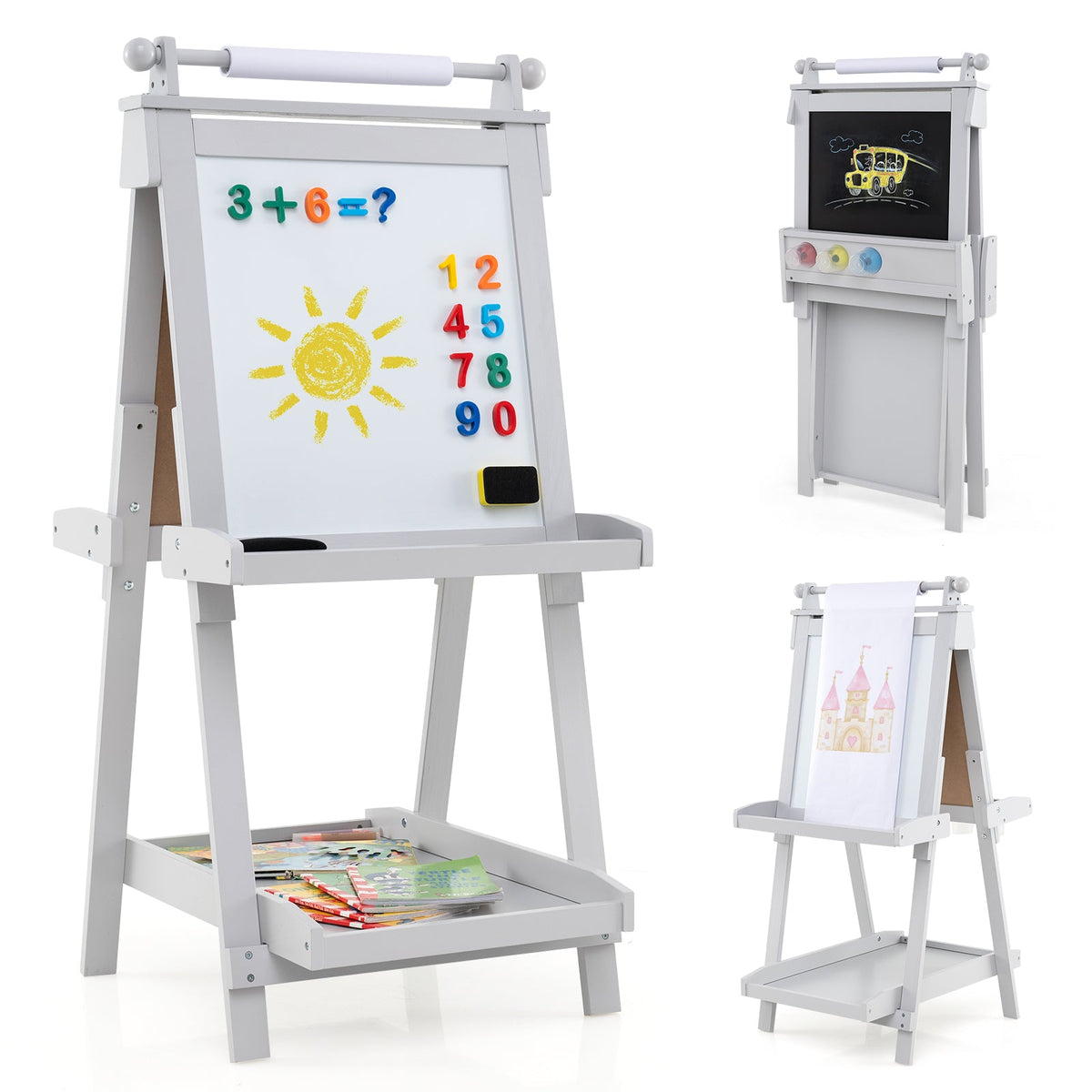 3-in-1 Double-sided Art Easel with Chalkboard and Magnetic Whiteboard