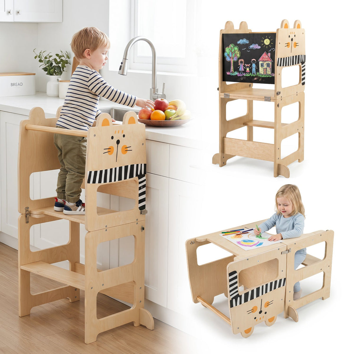 3-in-1 Wooden Kids Step Stool with Chalkboard DirectDeals