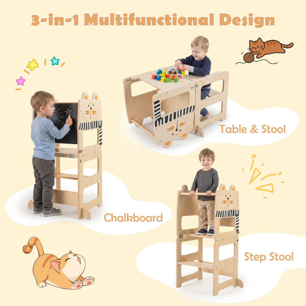 3-in-1 Wooden Kids Step Stool with Chalkboard DirectDeals