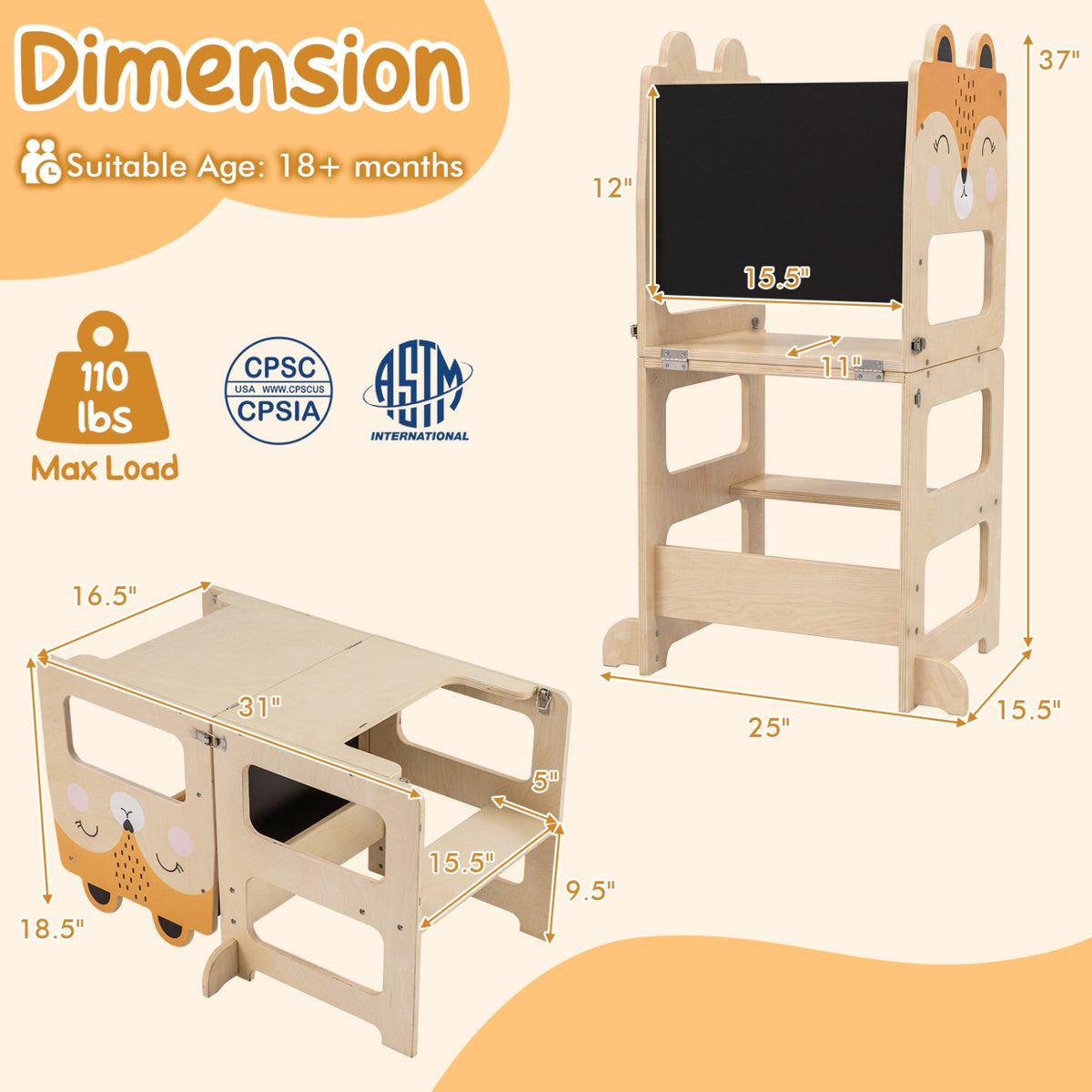 3-in-1 Wooden Kids Step Stool with Chalkboard DirectDeals