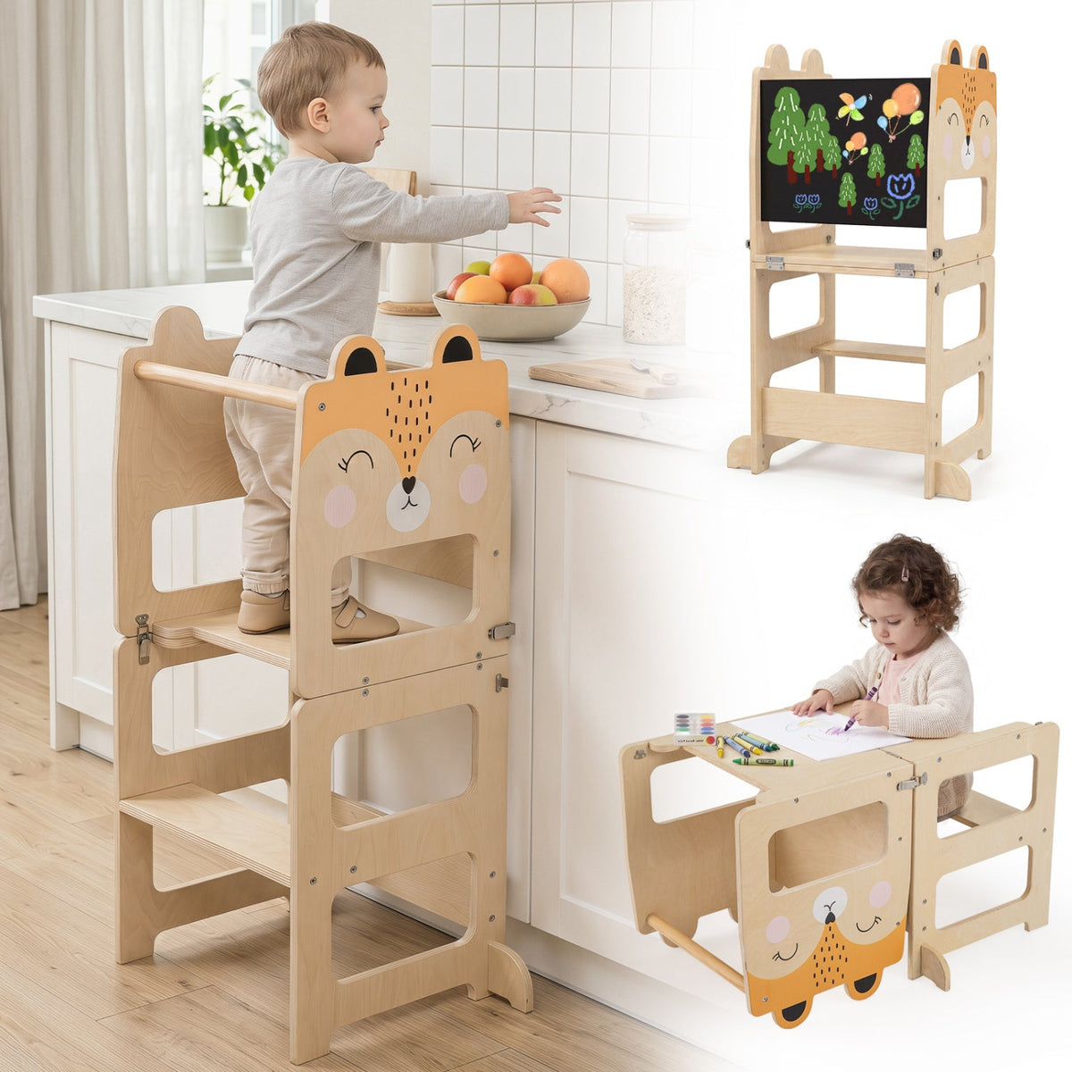 3-in-1 Wooden Kids Step Stool with Chalkboard DirectDeals