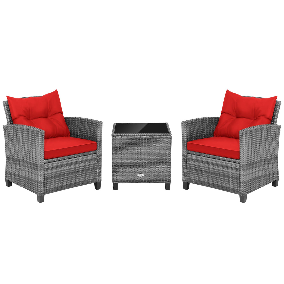 3 Pieces Outdoor Wicker Conversation Set with Tempered Glass Tabletop