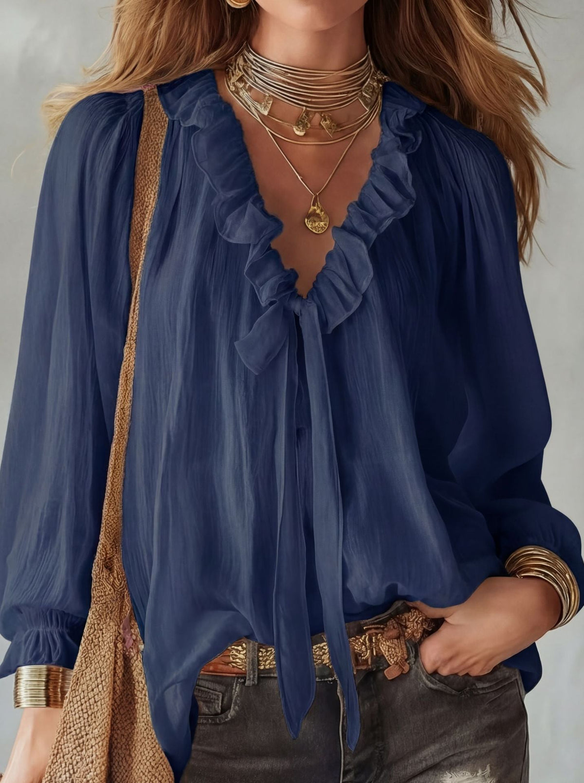 Casual Loose Fashion Ruffle Tie V-neck Shirt Top