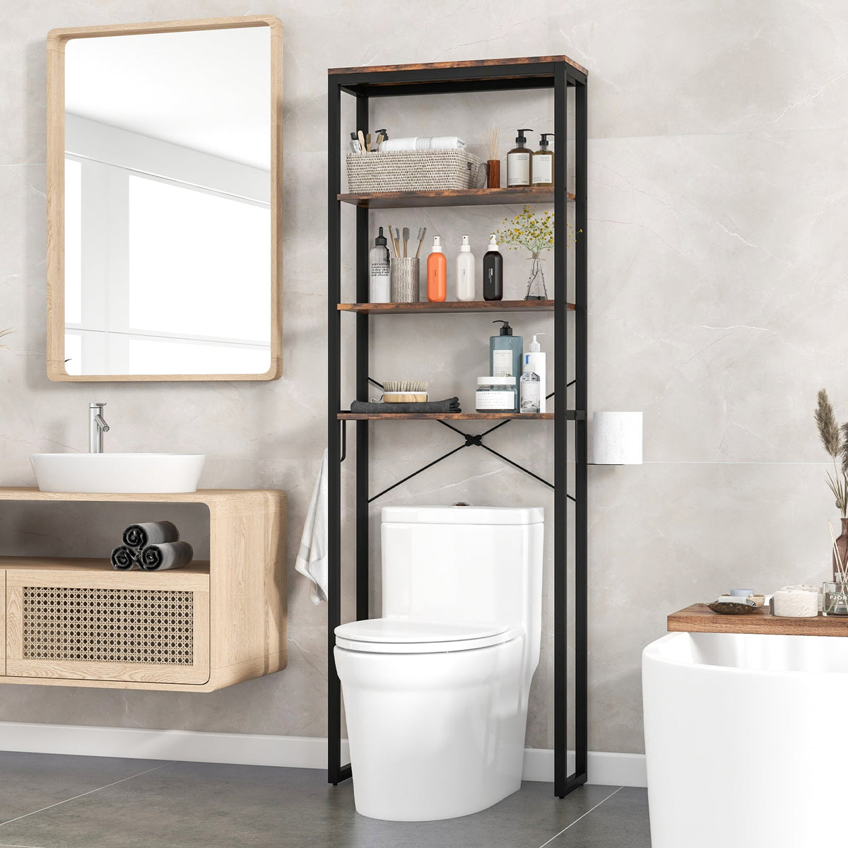 4-Tier Freestanding Over the Toilet Storage Rack-Rustic Brown DirectDeals