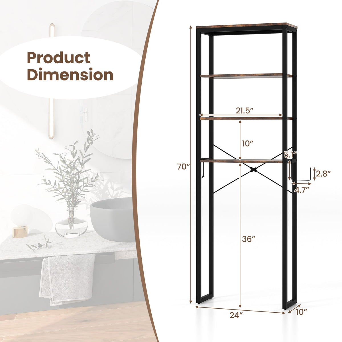 4-Tier Freestanding Over the Toilet Storage Rack-Rustic Brown DirectDeals
