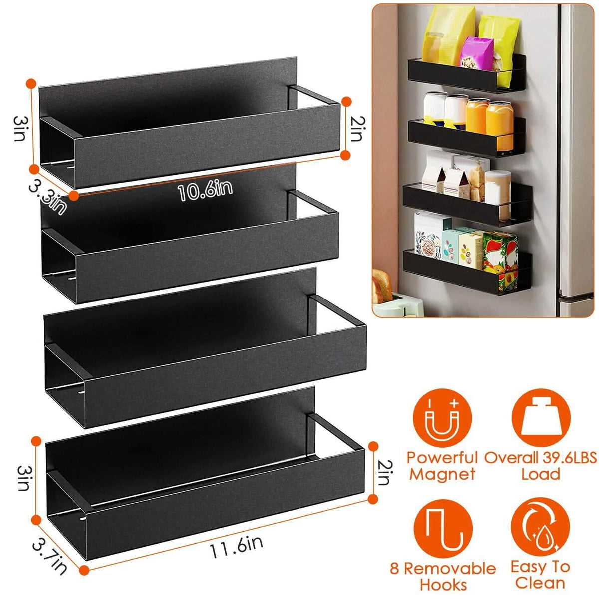 4-Pieces: Spice Rack Strong Magnetic Seasoning Storage Shelf with 8 Removable Hooks