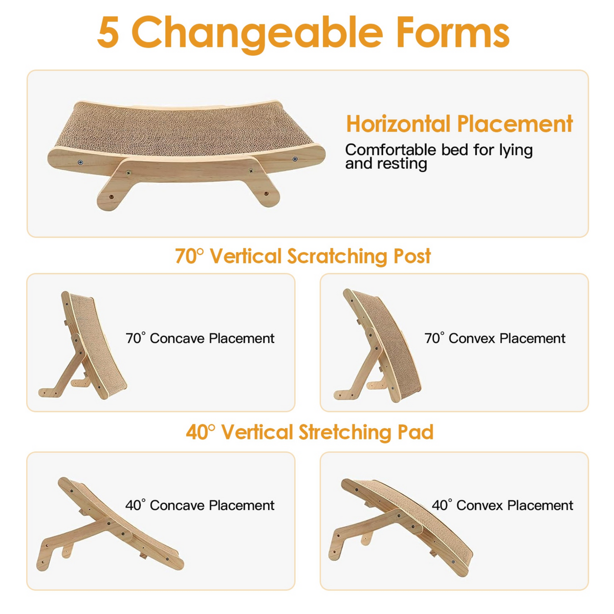 5 Changeable Forms Cardboard Cat Scratcher Double-Sided Cat Scratching Pad With Solid Wood Structure Indoor Reversible Cat Scratcher Lounge
