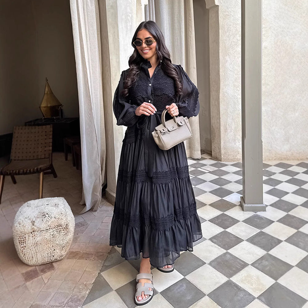 Long-sleeve Hollow-out Mesh Patchwork Dress With Lantern Sleeves
