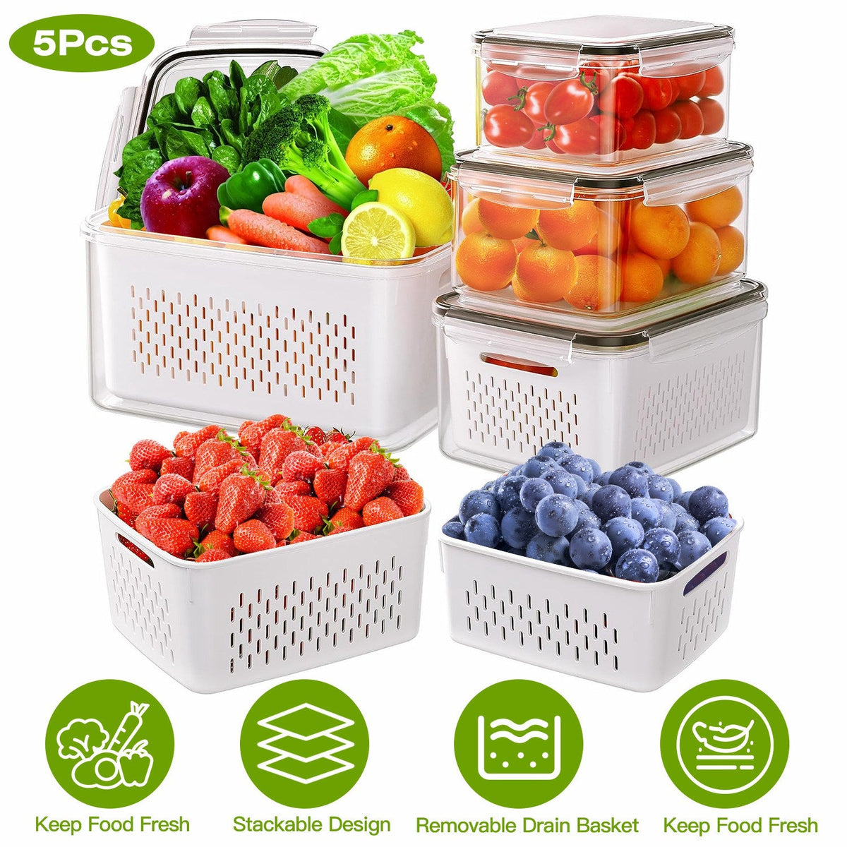 5Pcs Fruit Vegetable Containers with Removable Drain Basket Leakproof Lid Stackable Food Storage Organizer for Fridge Dishwasher Safe GBruno Store