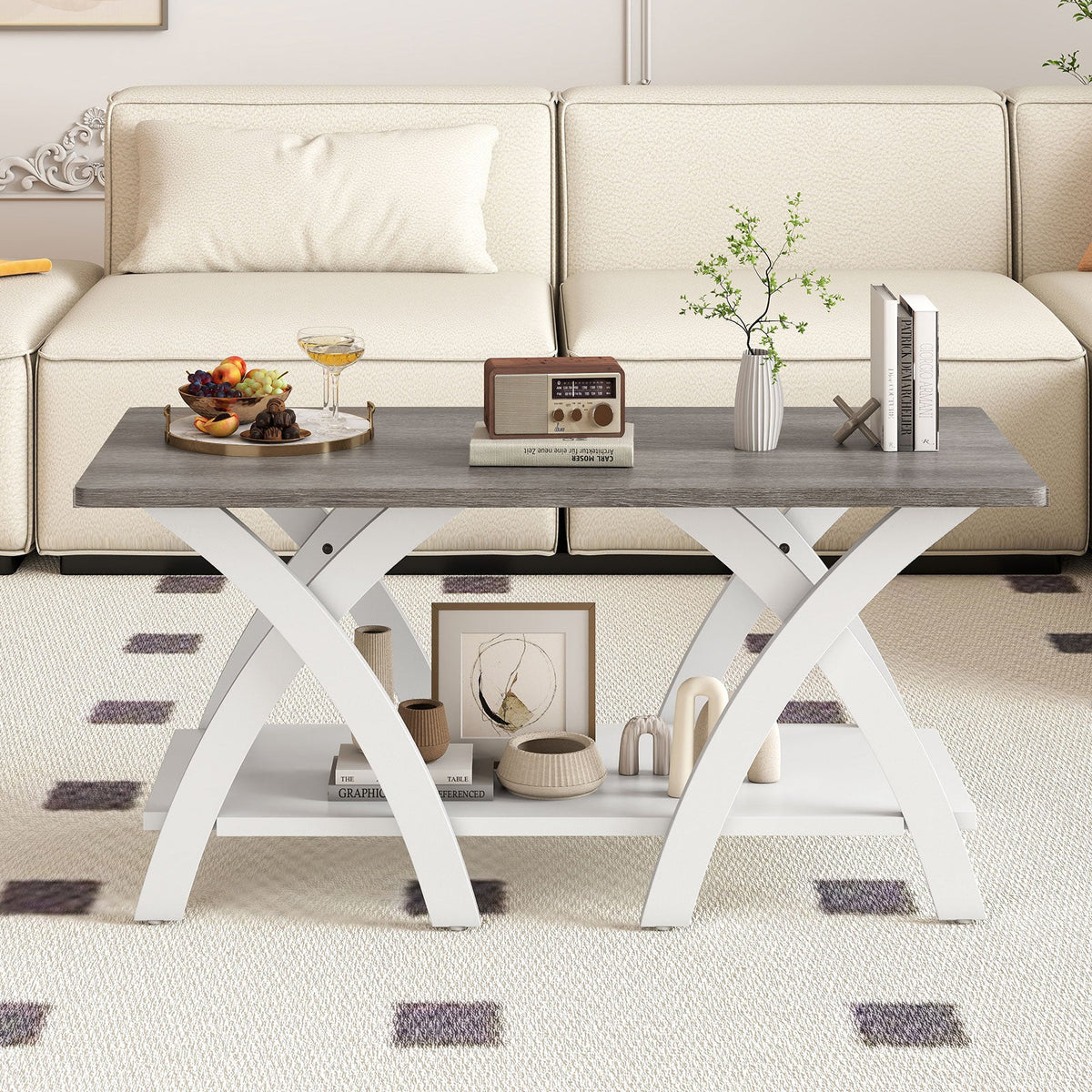40 Inch Farmhouse Wooden Coffee Table with Storage Shelf with X-shaped Legs-Gray