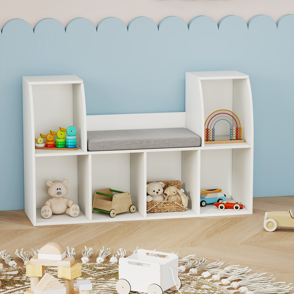 40 Inches Kids Bookshelf with Reading Nook Bookcase with 6 Open Cubes-White