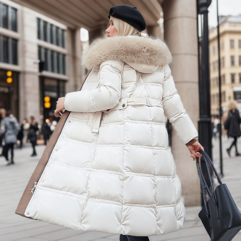 Winter Slim Long Jacket With Fur Hood And Belt Fashion Solid Hooded Coat Warm Clothing For Women My Store