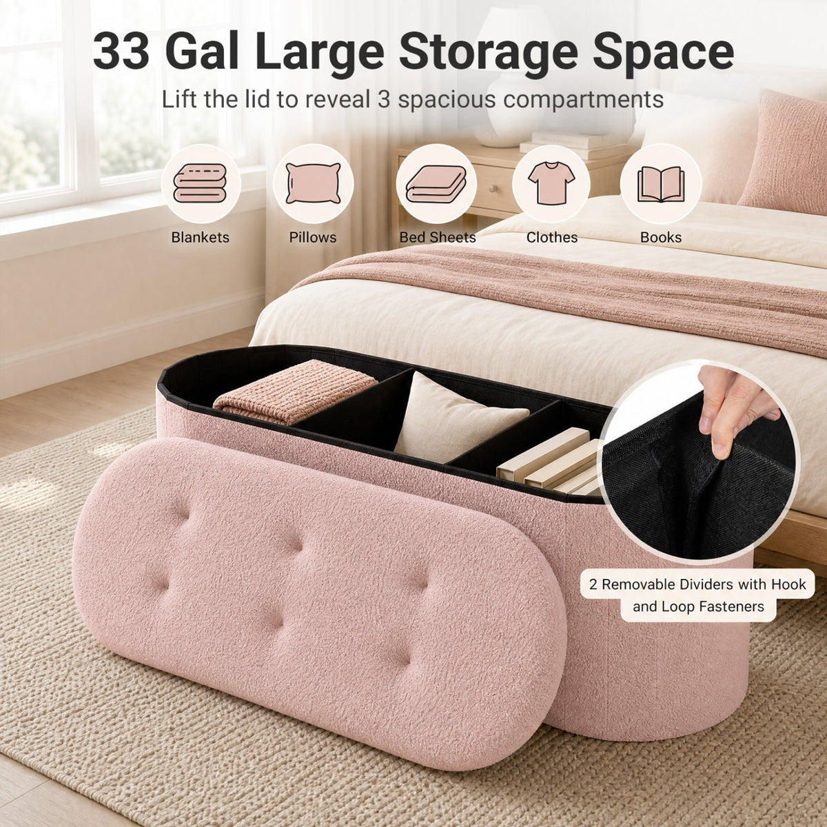 43" Folding Storage Ottoman Bench with Dividers - Teddy Fleece DirectDeals