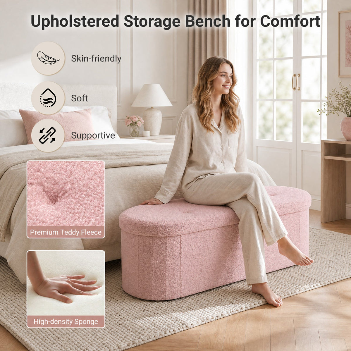 43" Folding Storage Ottoman Bench with Dividers - Teddy Fleece DirectDeals