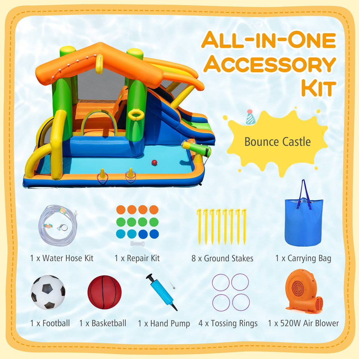 8-in-1 Jumping Castle with Slide and 520W Blower
