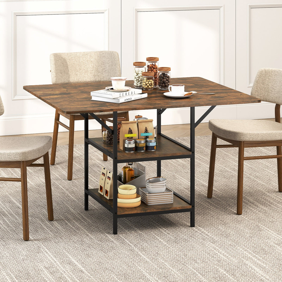 47 Inch Rectangular Dining Table with 2 Open Storage Shelves and Sturdy Metal Legs for 4-6
