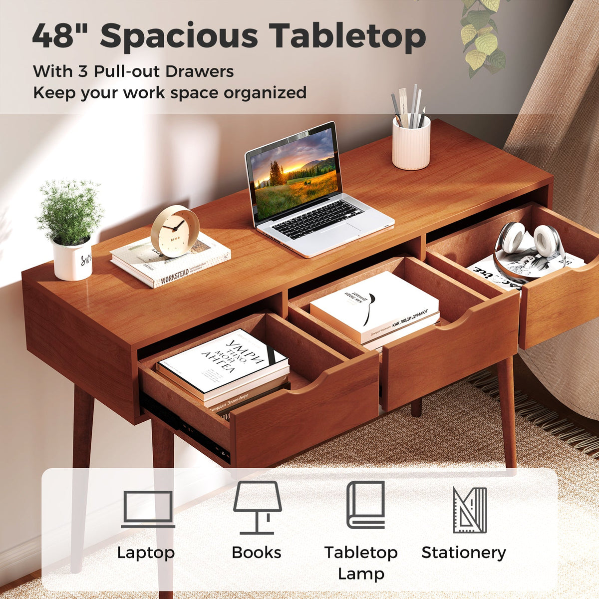 48 Inch Writing Computer Desk with 3 Drawers Solid Wood Legs-Walnut