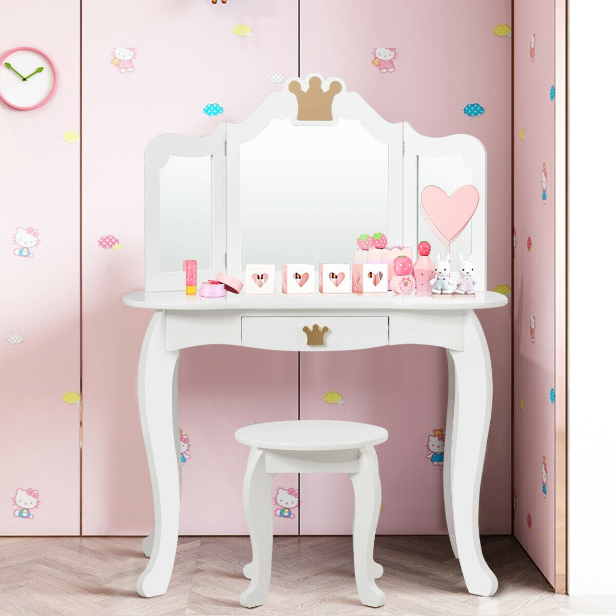 Kids Makeup Dressing Table with Tri-folding Mirror and Stool-White GBruno Store