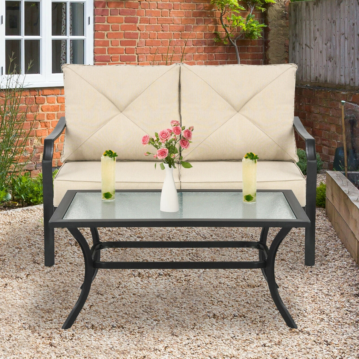 2 Pieces Patio Outdoor Cushioned Sofa Bench with Coffee Table-Beige