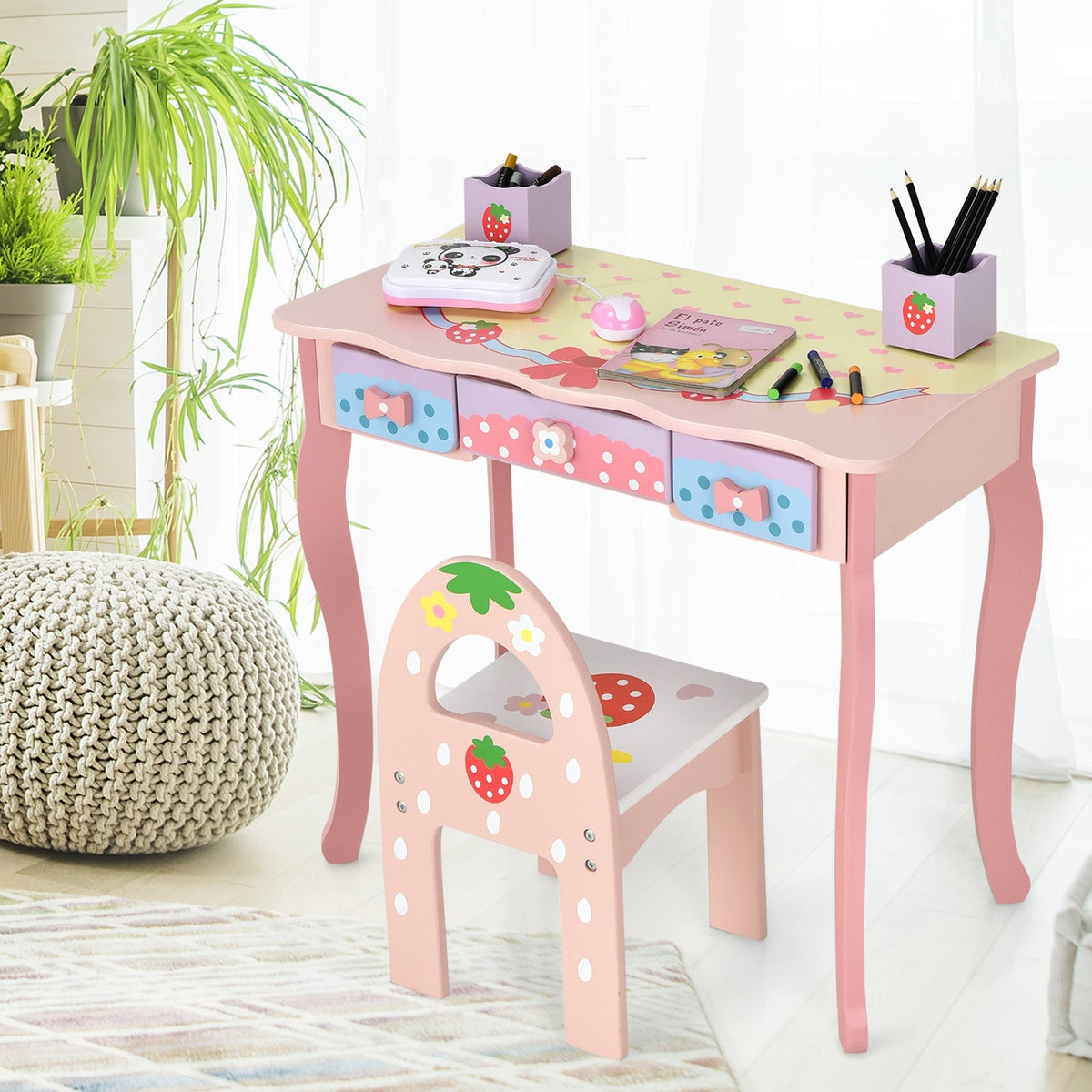 Kids Vanity Princess Makeup Dressing Table Chair Set with Tri-fold Mirror