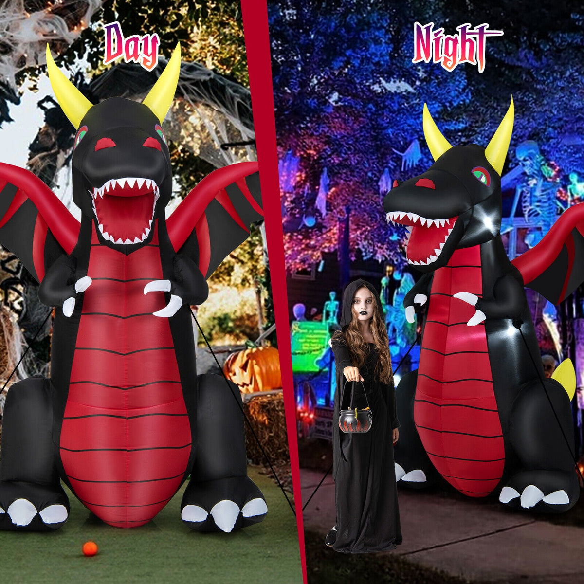 8 Feet Halloween Inflatable Fire Dragon Decoration with LED Lights