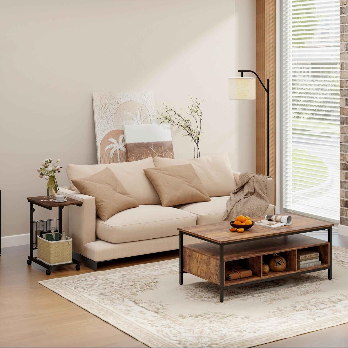 4-Piece Industrial Living Room Set: Fireplace TV Stand + 3-Tier Industrial Style Coffee Table + 71 Inch Freestanding Hall Tree + Adjustable C-shape Sofa Side Table