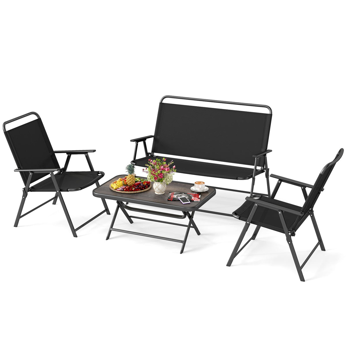 4 Pieces Patio Folding Furniture Set with SPC Coffee Table and Patio Chairs-Black