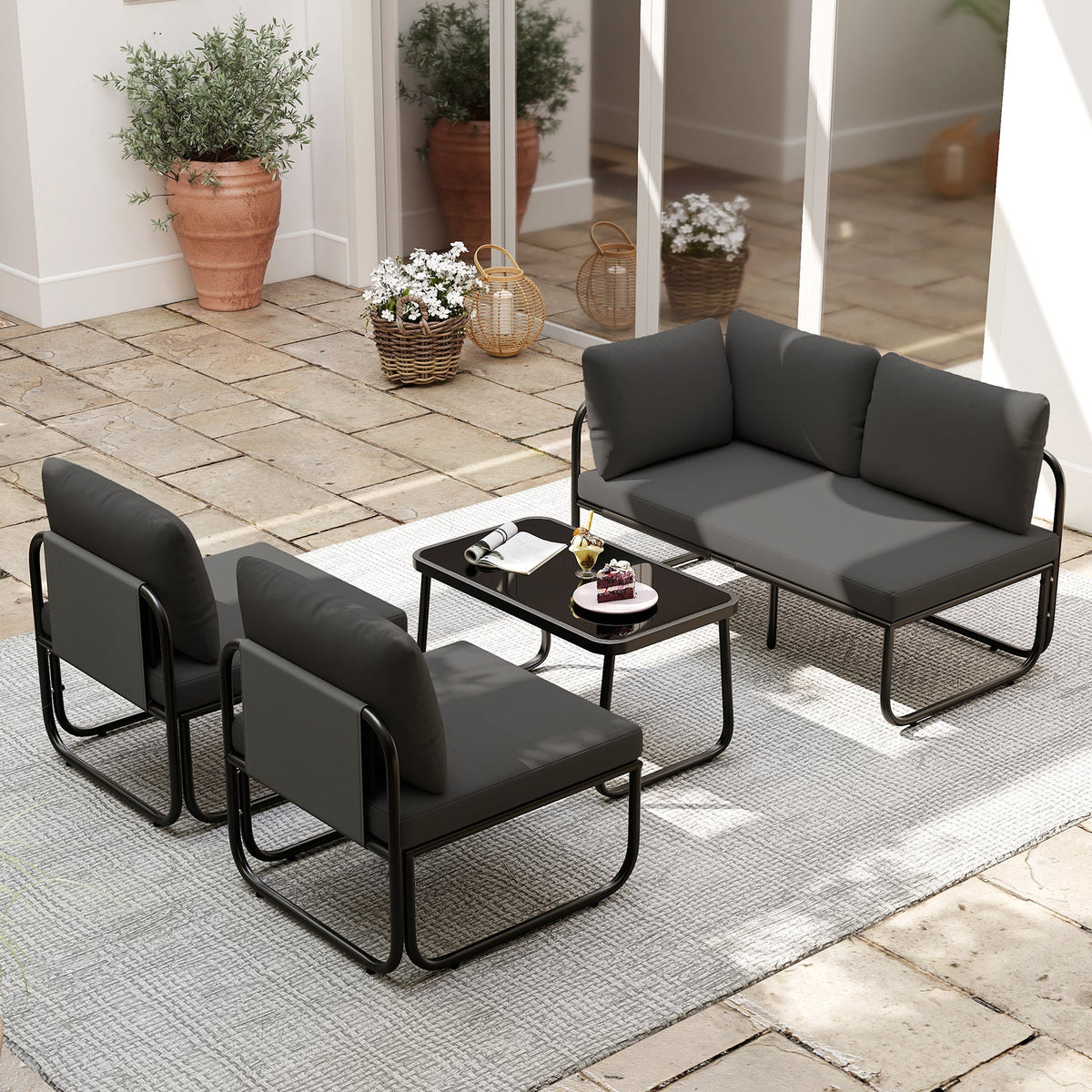 4 Pieces Patio Furniture Set with Cushions and Coffee Table-Gray