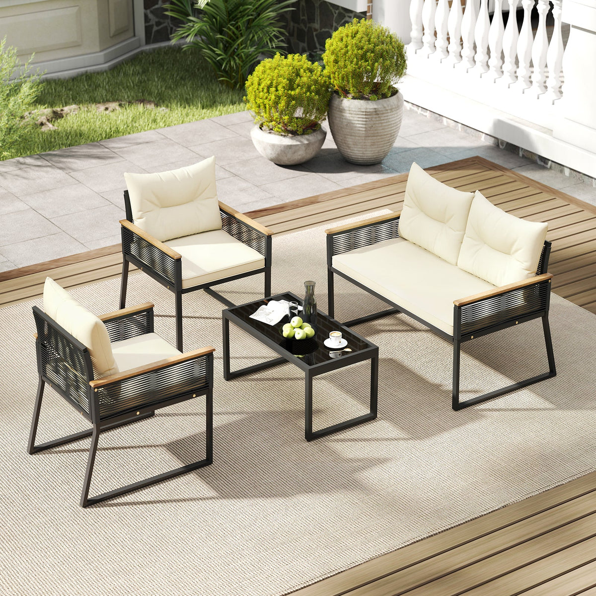 4 Pieces Patio Furniture Set Outdoor Conversation Set with Tempered Glass Coffee Table-Black