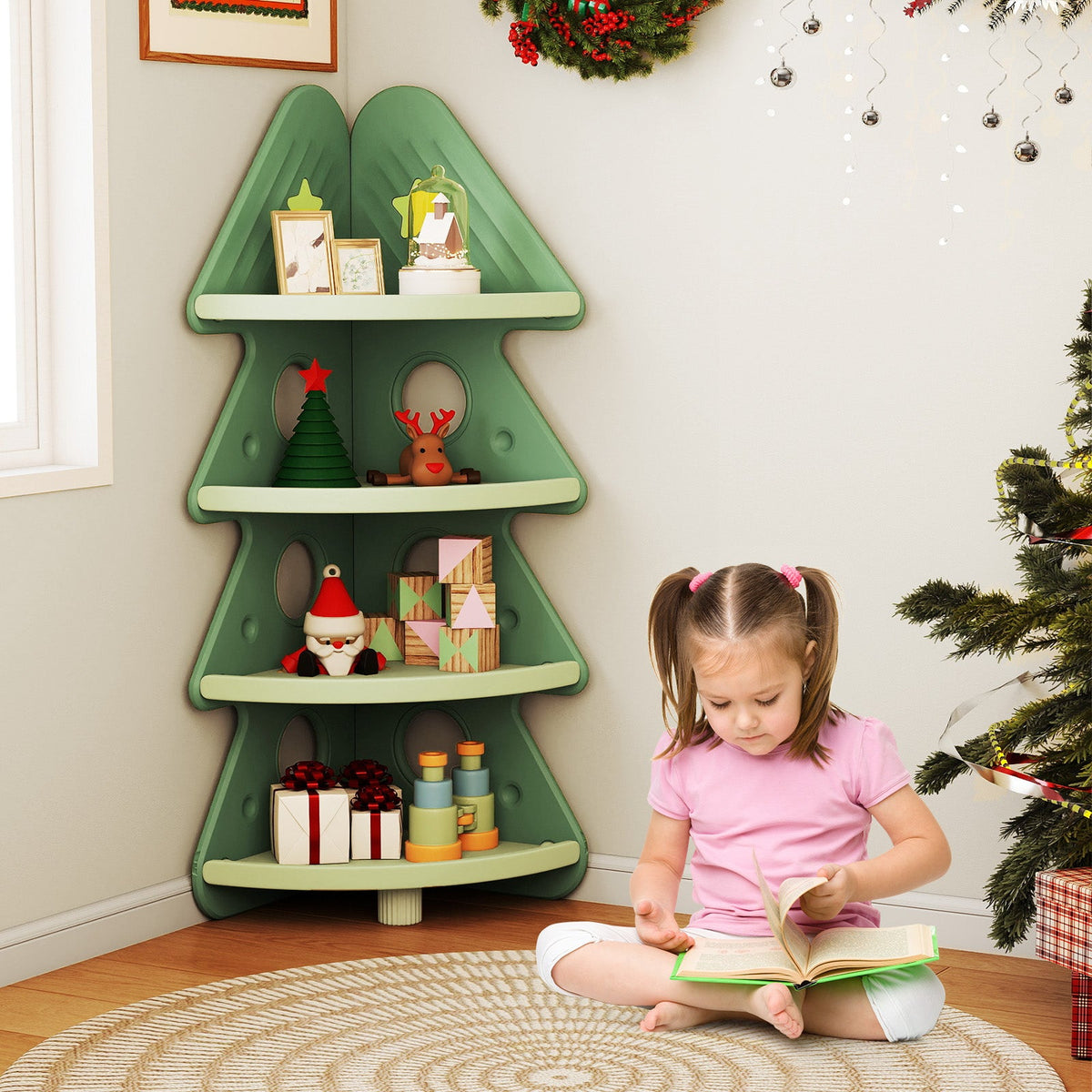 4-Tier Kids Corner Bookshelf Baby Display Shelf for Kids Room-Green