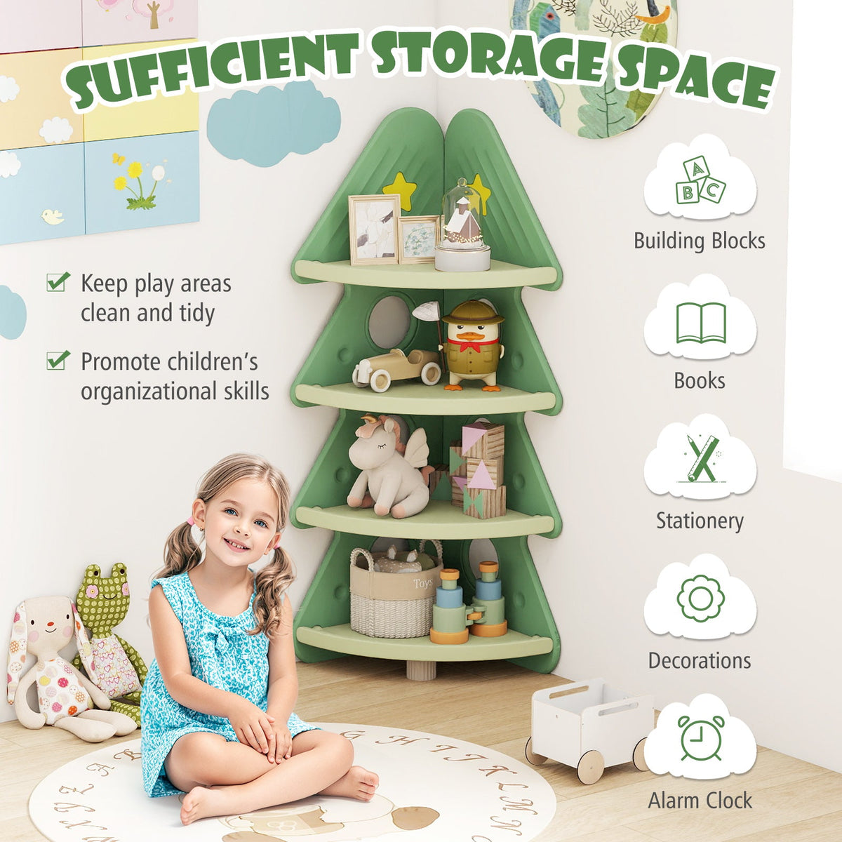 4-Tier Kids Corner Bookshelf Baby Display Shelf for Kids Room-Green