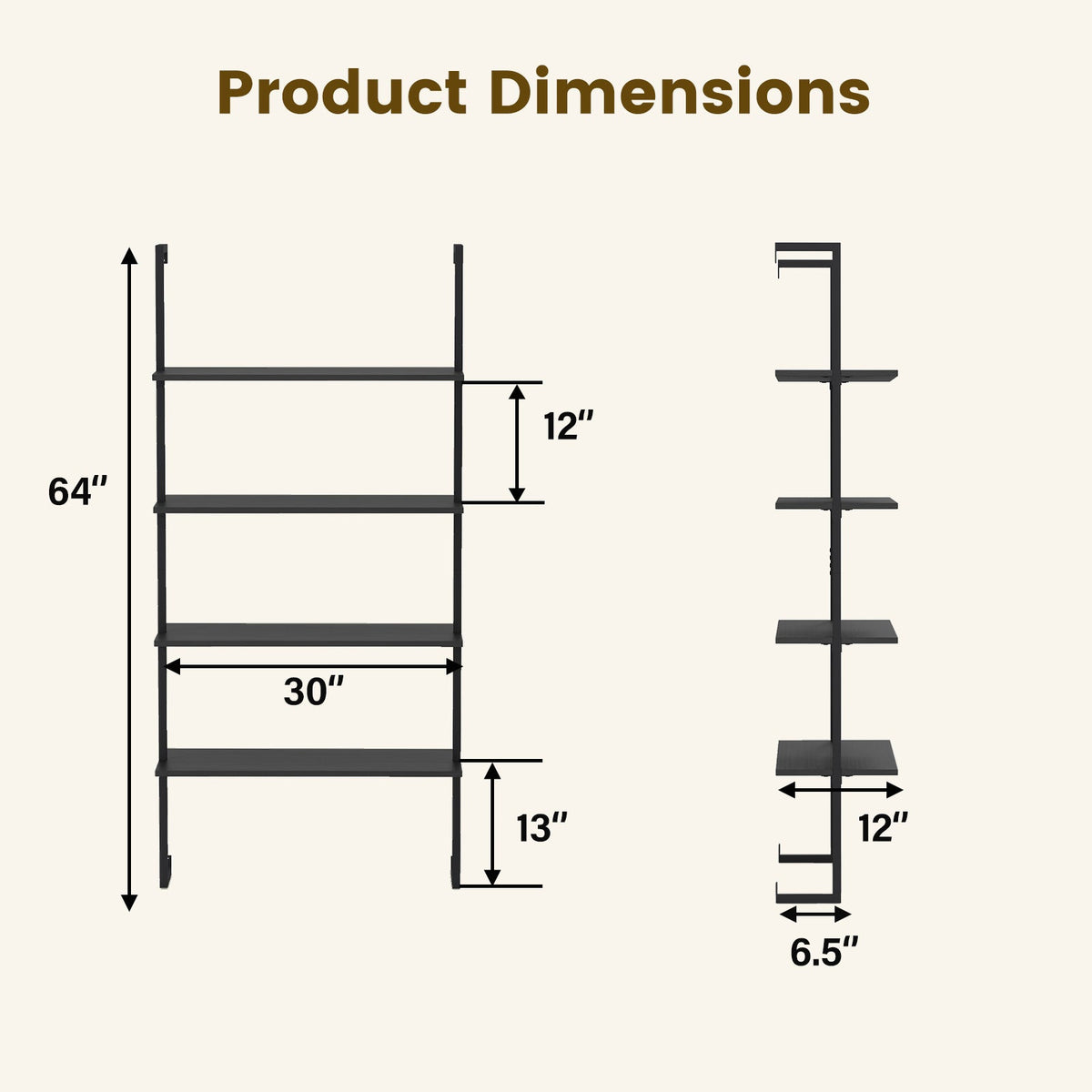 4-Tier Ladder Shelf Open Wall Mounted Bookcase with Wooden Boards and Metal Frame-Black