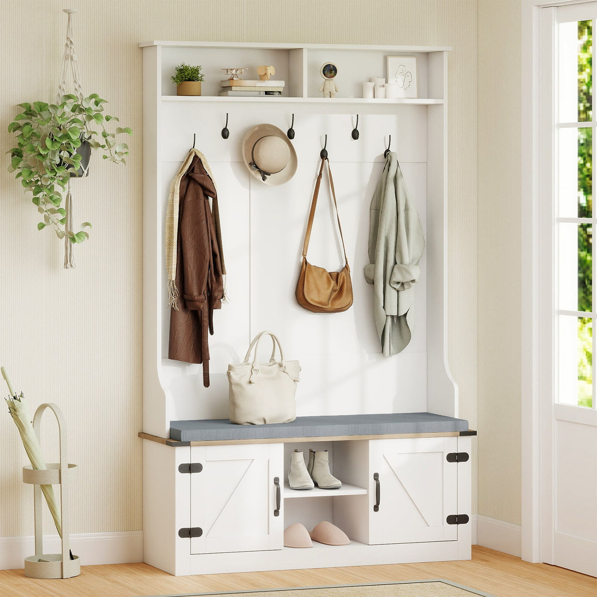 4-in-1 68.5 Inch Tall Coat Rack with Cushioned Bench and Shoe Storage-White
