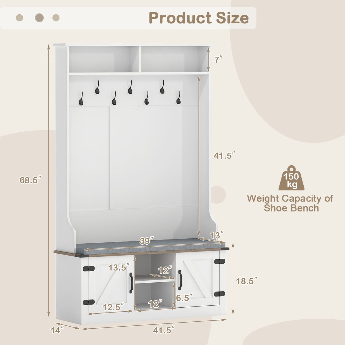4-in-1 68.5 Inch Tall Coat Rack with Cushioned Bench and Shoe Storage-White