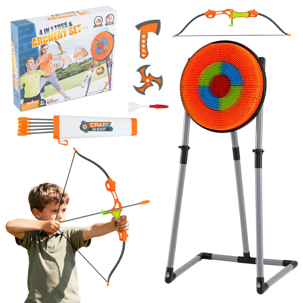4 in 1 Throwing Target Set Kids Throwing Game with Bristle Target and 3 Throwing axes