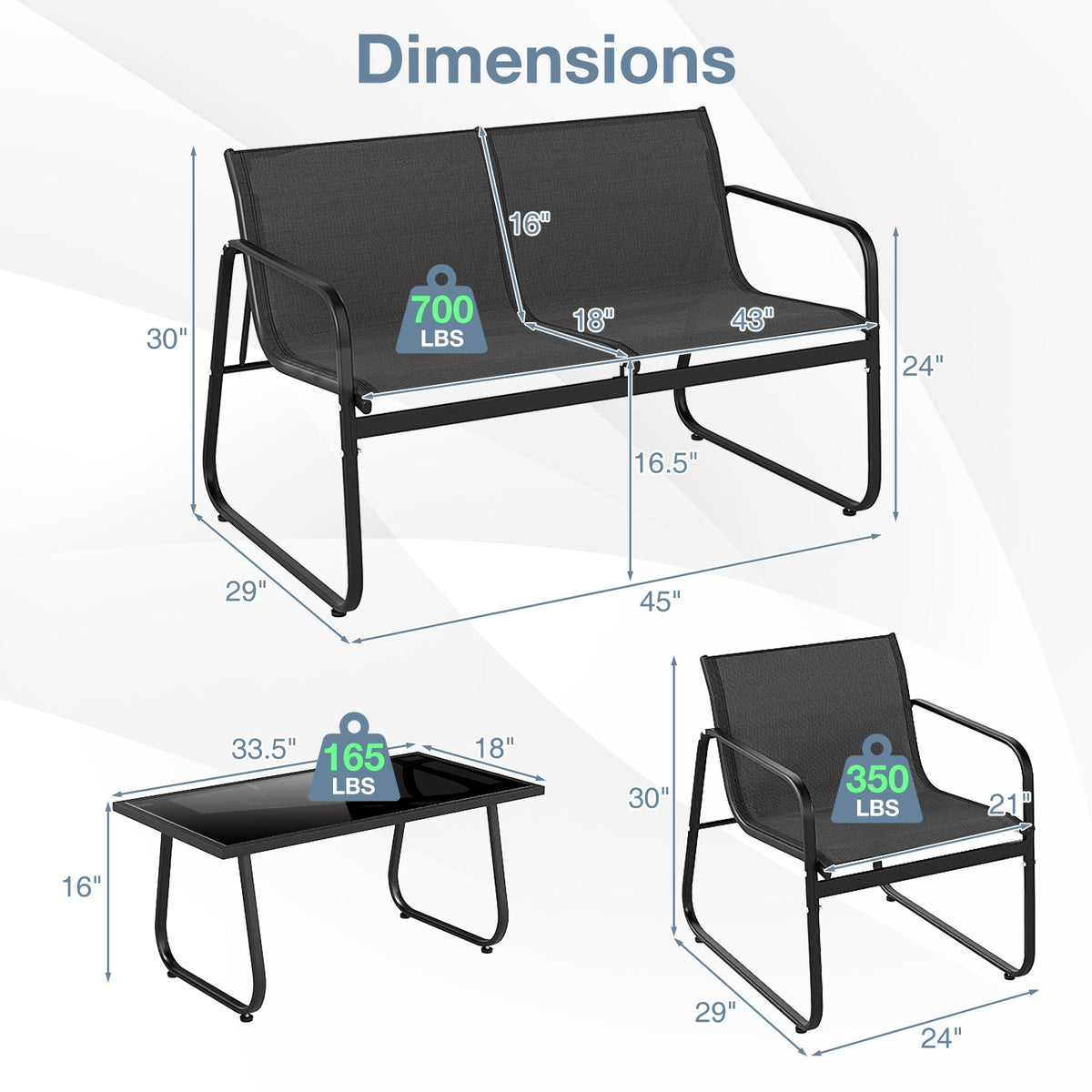 4 Pieces Patio Furniture Set Fabric Lawn Chairs and Loveseat with Glass Coffee Table