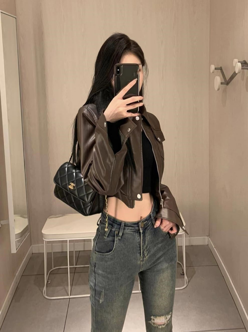 Retro Coffee Leather Moto Jacket