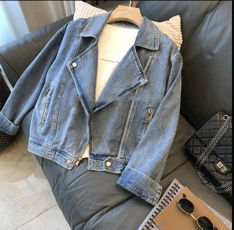 Fashion Motorcycle Lapel Long-sleeve Zipper Denim Jacket