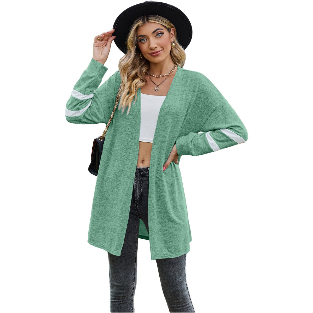Women's Long-sleeved Stitching Contrast Color Knitted Cardigan