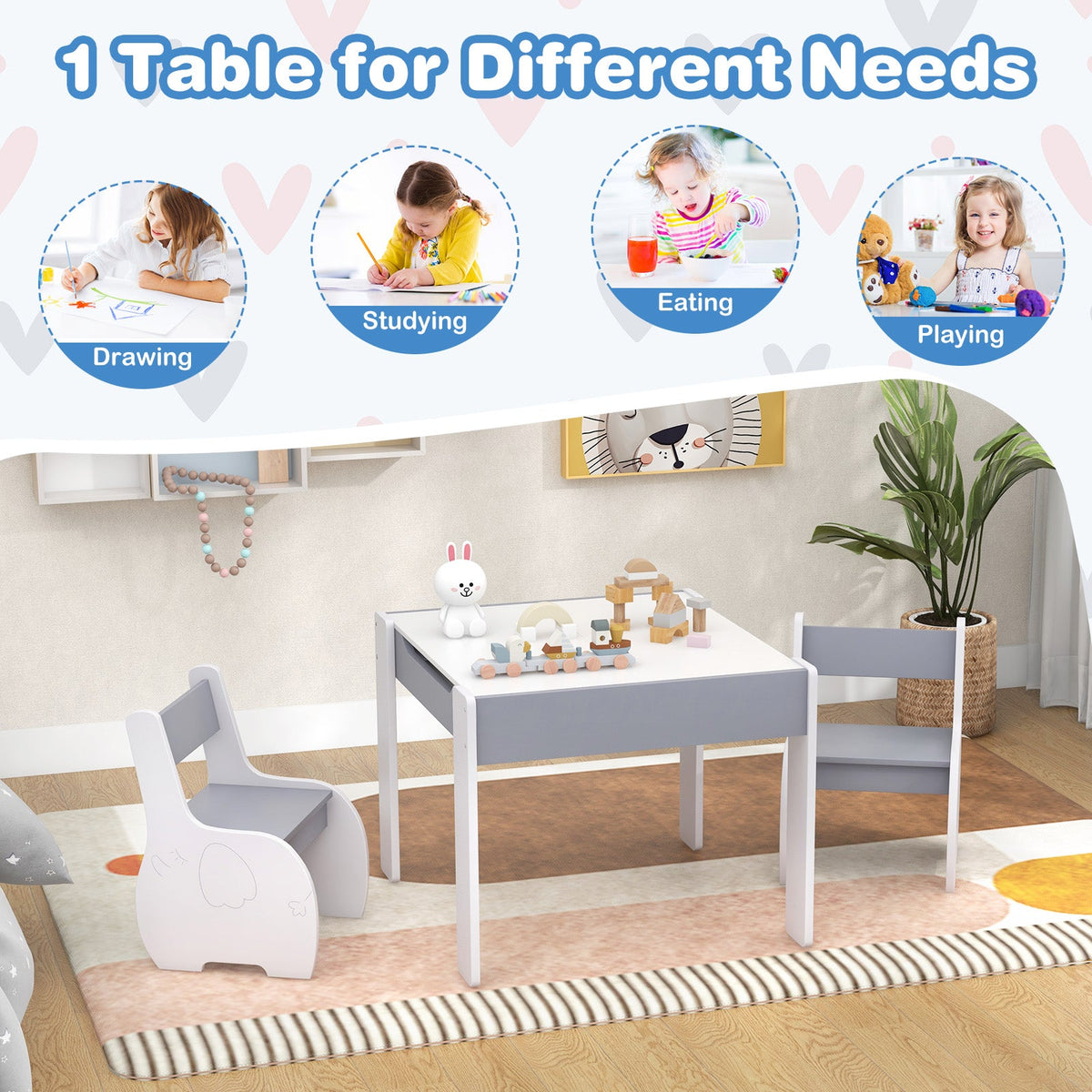 4-in-1 Wooden Activity Kids Table and Chairs with Storage and Detachable Blackboard