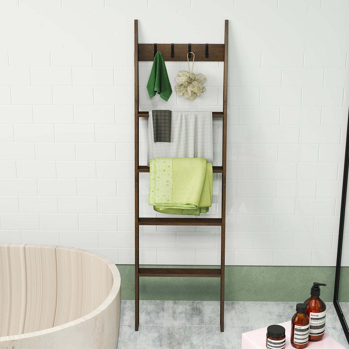 5-Tier Bamboo Ladder Bookshelf with 4 Removable Hooks-Brown