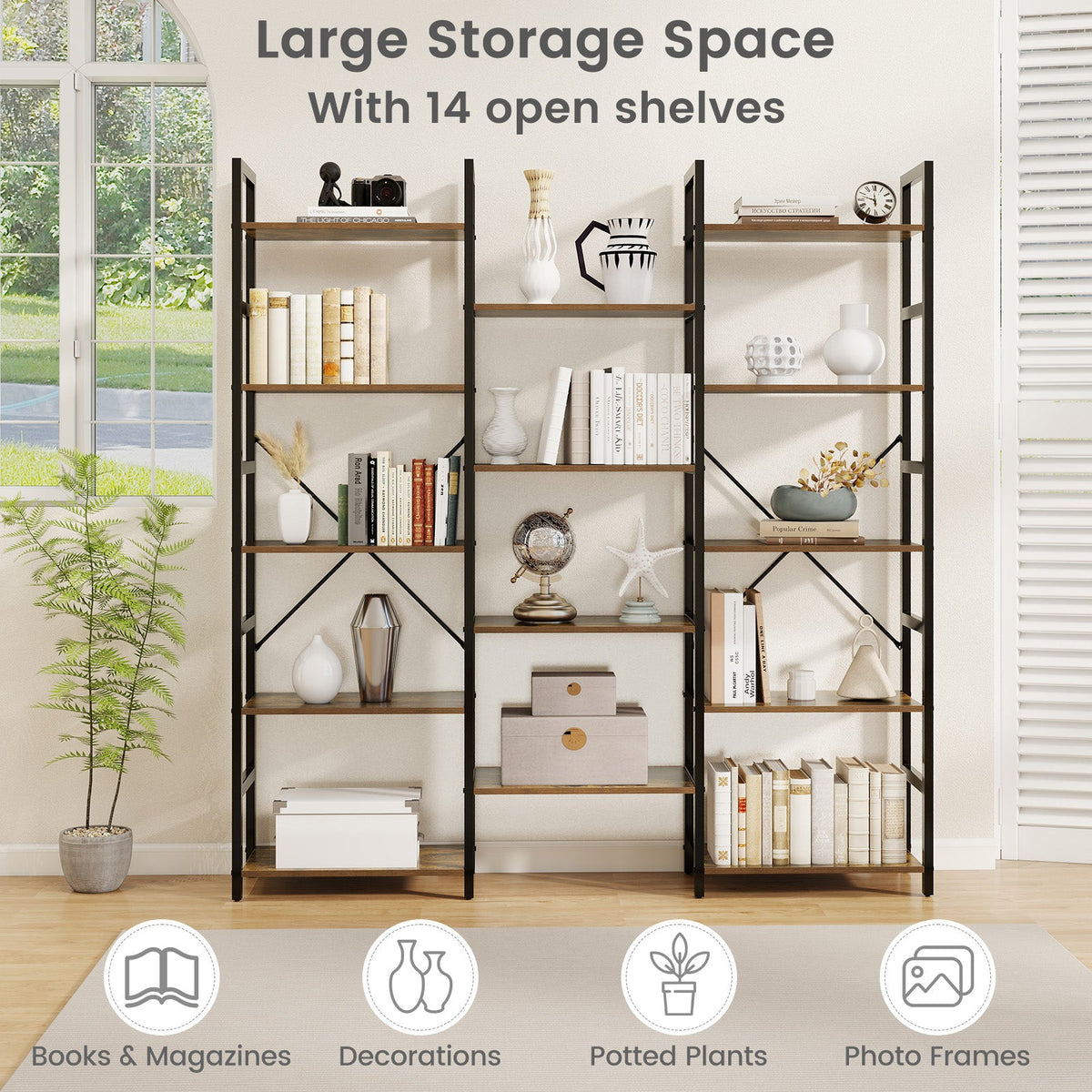 5-tier Triple Wide Heavy-duty Metal Frame Industrial Bookshelf-Rustic Brown