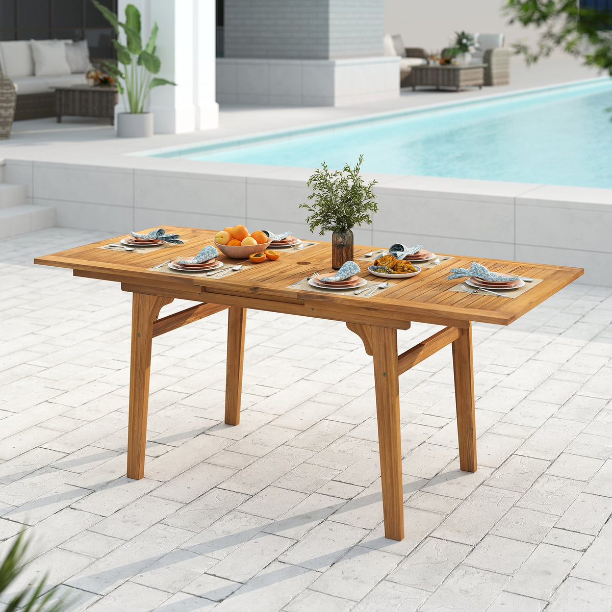 55 Inch Patio Dining Table Expandable for 6-8 People with Umbrella Hole