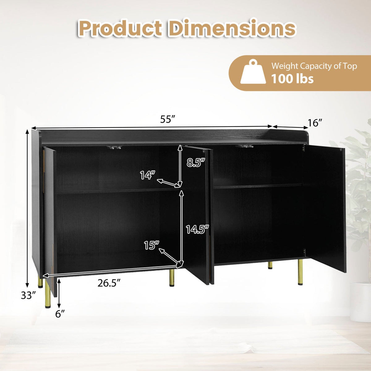 55" Buffet Cabinet with 4 Doors and Metal Legs DirectDeals