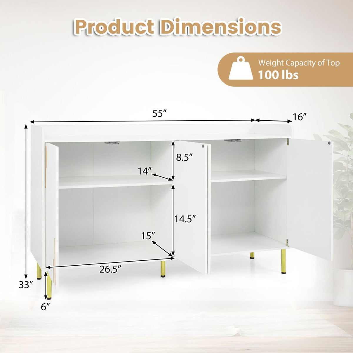 55" Buffet Cabinet with 4 Doors and Metal Legs DirectDeals